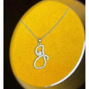 Necklace Silvertone Pendant Cursive "J" Initial Tiny Cz Stones 18”